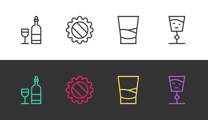Set line Wine bottle with glass, Bottle cap, Glass of vodka and on black and white. Vector