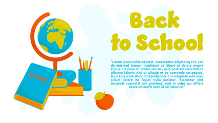 Back to School Vector Banner With Books, Globe, Apple on the Abstract Spot Background. Perfect for Social Media, Printed Materials, etc.
