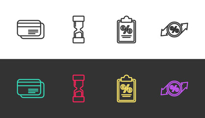 Set line Credit card, Old hourglass, Finance document and Discount percent tag on black and white. Vector
