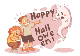 Happy Halloween. The children met with the ghost. Vector image for halloween.