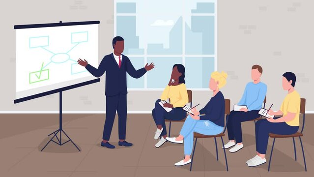 Animated seminar illustration. Sharing business insights. Entrepreneur workshop. Business management. Looped flat color 2D cartoon characters animation video in 4k with interior on background