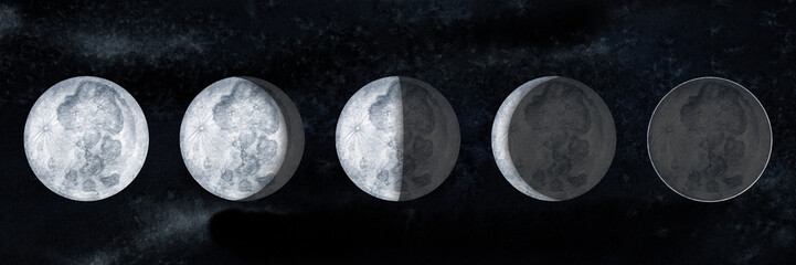 Obraz premium Moon phases on sky dark background. Galaxy Hand drawn watercolor illustration of cycle from new to full moon.