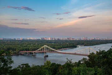 Fototapeta premium Nice Kiev left coast evening city panorama in Ukraine from high view, European travel