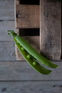 Closeup of pea pod on wood