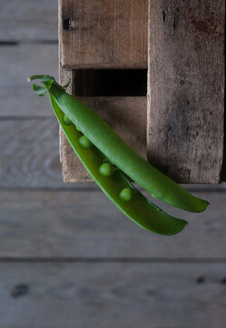 Closeup of pea pod on wood