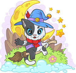 cute little witch cat, funny illustration, design