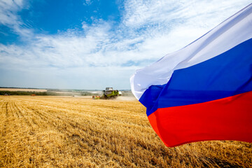 Russian agriculture products for export. Wheat and rye field with Russian flag.