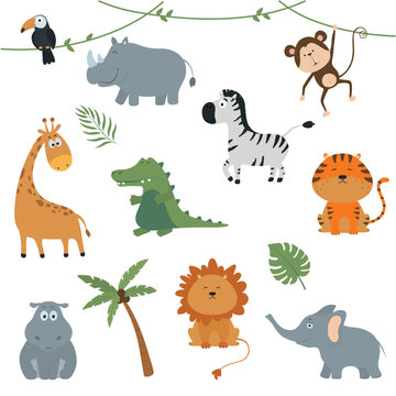 Tropical cute animals vector set. Lion, tiger, hippo, crocodile, giraffe, toucan, monkey, zebra, elephant, rhinoceros