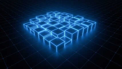 neon blue glowing cubes and gridded background (3d rendering)
