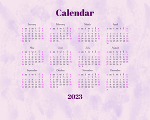 Calendar 2023 with abstract purple background