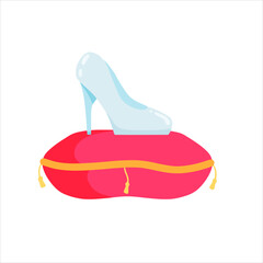 Crystal slipper on red pillow. Luxurious cushion, fabulous coronation. Glass shoes fairy tales.