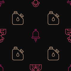 Set line Firefighter, Canister fuel and Ringing alarm bell on seamless pattern. Vector