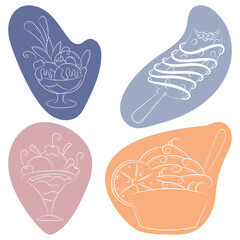 Ice cream doodle on abstract color shape set . Isolated on white background.