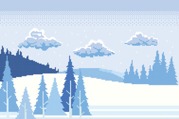 winter pixel art, winter beauty there are fir trees covered in white snow