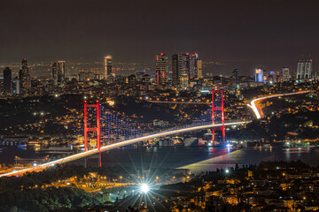 Fototapeta na wymiar Panorama of Bosphorus Bridge ( new name is 15th July martyrs bridge) and city lights of Istanbul from Buyuk Camlıca Hill, after sunset, Turkey.