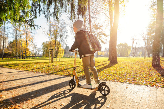 Child riding scooter in the park. Boy riding scooter to school on autumn sunny day.
