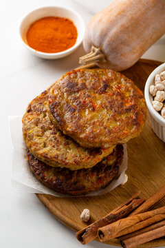 Pumpkin vegan fritters and raw ingredients food