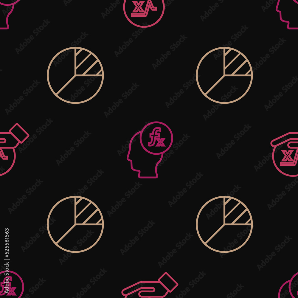 Poster set line square root of x glyph, pie chart infographic and function mathematical symbol on seamless 