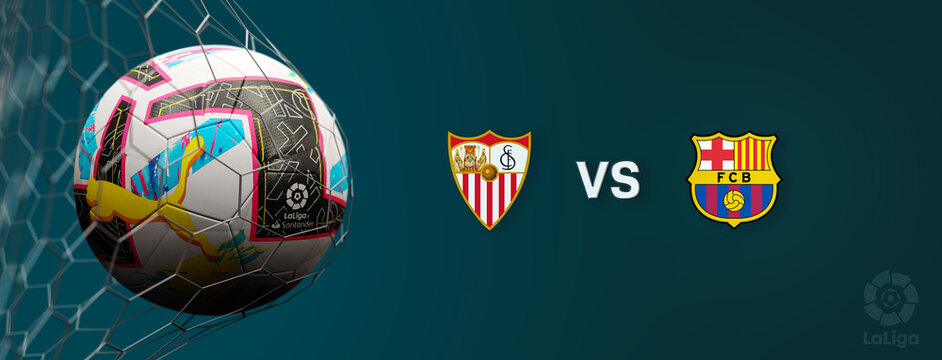 Guilherand-Granges, France - August 22, 2022. LaLiga santander of Spain. Soccer ball in net with official logo of La Liga. Match : Sevilla FC VS FC Barcelona. 3D rendering.