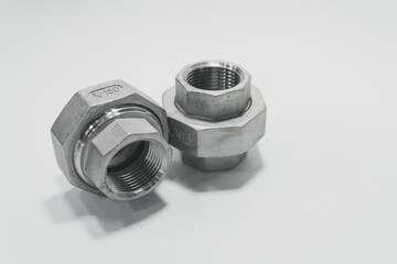 Joint, union, stainless steel, white background