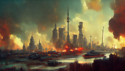 Fototapeta premium War near the futuristic City. Digital Art Illustration Painting