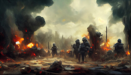 Soldiers after the war in battlefield. Digital Art Illustration Painting