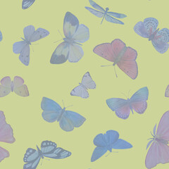 Naklejka na ściany i meble Butterflies seamless pattern. Multicolored watercolor butterflies for design, scrapbooking, wrapping paper, wallpapers, textiles.