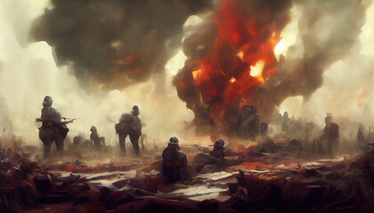 Soldiers after the war in battlefield. Digital Art Illustration Painting