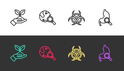 Set line Plant in hand, Magnifying glass with globe, Biohazard symbol and Stomach magnifying on black and white. Vector