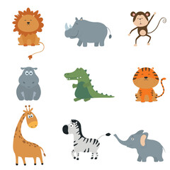 Safari cute animals vector set. Lion, tiger, hippo, crocodile, giraffe, toucan, monkey, zebra, elephant, rhinoceros
