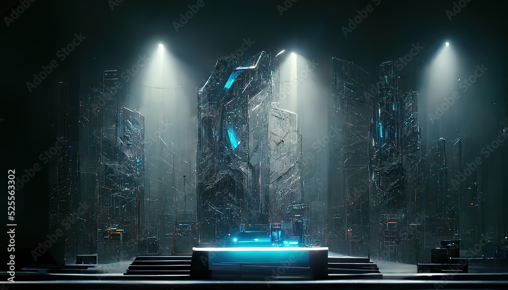 Poster a futuristic stage, with a podium in the center. sci-fi futuristic catwalk, futuristic blue glowing 