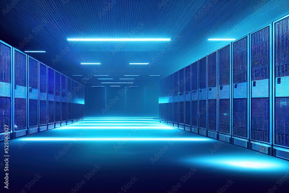 Poster Data center. Abstract digital warehouse. Concept of big data storage and cloud hosting technology. 3d render