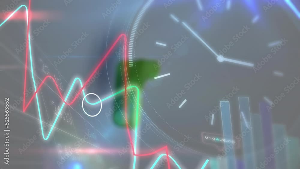 Poster animation of clock, wave graph, bar graph and trading board with map and glare