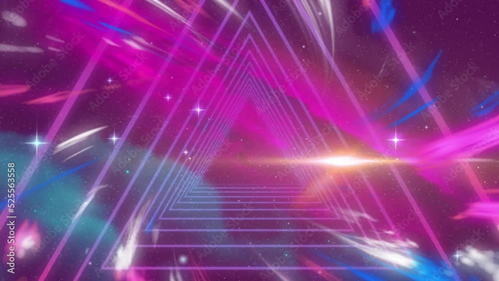 Wall mural animation of looping triangles, multicolored flames and flares over stars and galaxy in background
