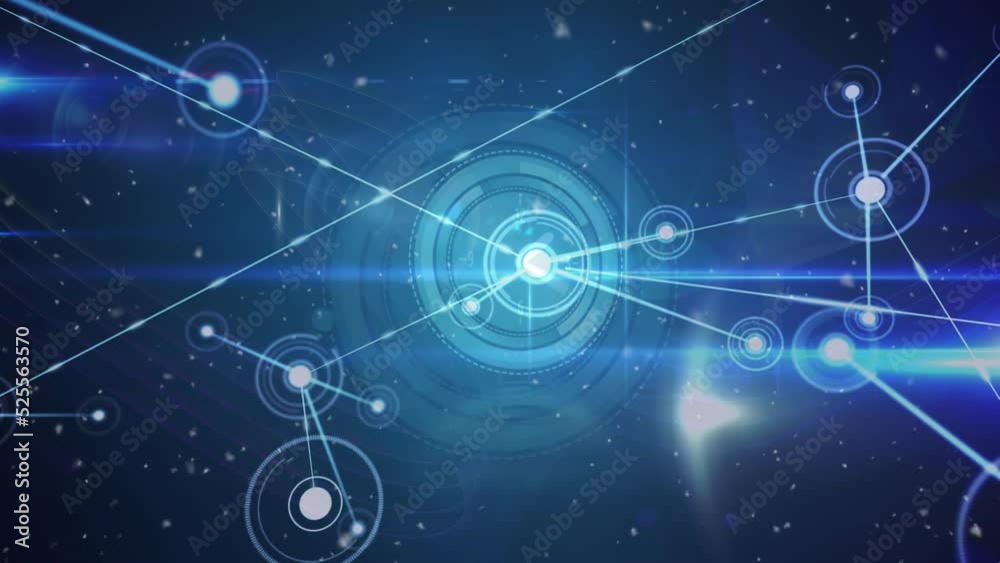 Poster animation of light beams with lines connecting dots, hud processing on digital interface