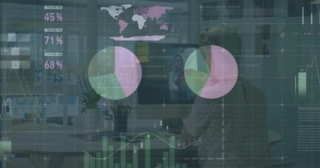 Animation of graphs over caucasian female fashion designer using color swatch while working - Powered by Adobe