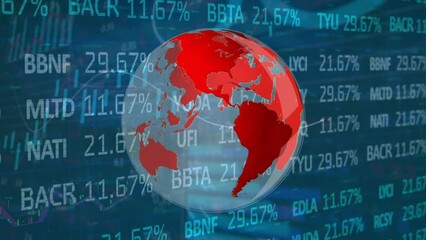 Animation of rotating globe and trading board over infographic interface in background - Powered by Adobe