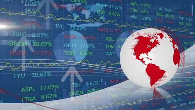 Animation of infographic interface with globe, graphs and arrows against trading board