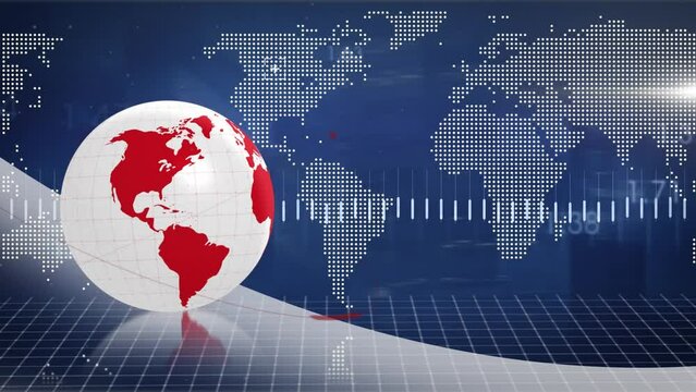 Animation of line moving around globe with heartbeat and moving lines over dost forming maps