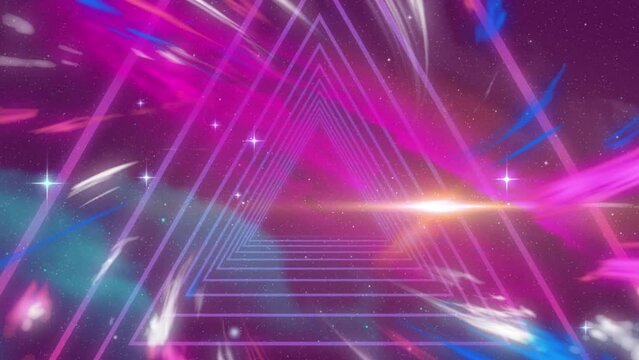 Animation of looping triangles, multicolored flames and flares over stars and galaxy in background