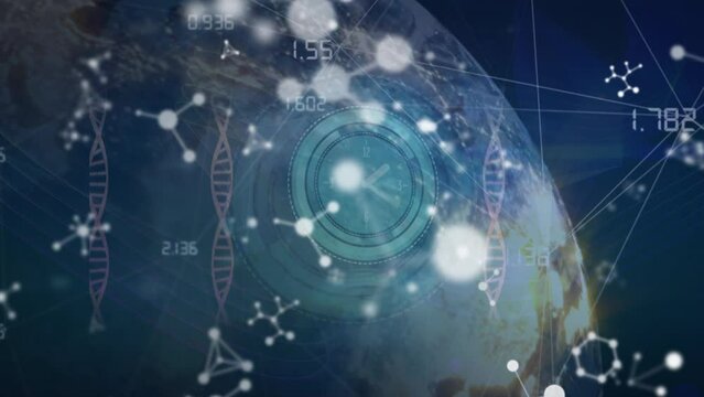 Animation of dna, molecules, connecting dots against globe with data processing on digital interface