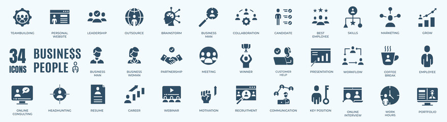 Business People solid icon set. Vector graphic glyph style pictogram package isolated on white background	