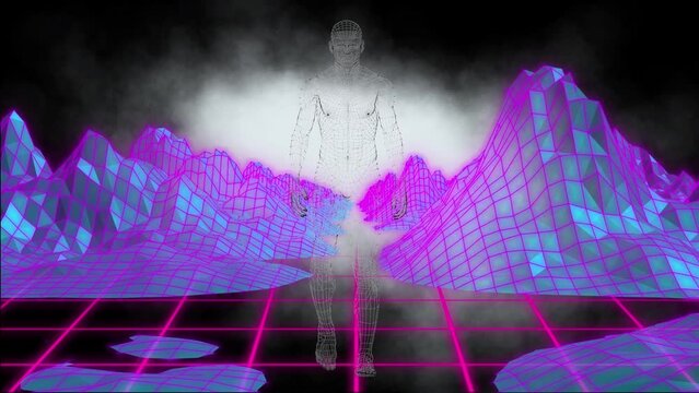 Animation of human body model walking over grid network against metaverse structures