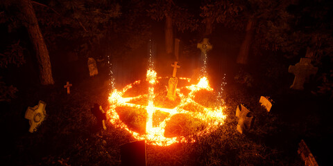 3d rendering. Halloween. Activation of a portal to summon a demon in an abandoned, old cemetery, in a forest thicket.