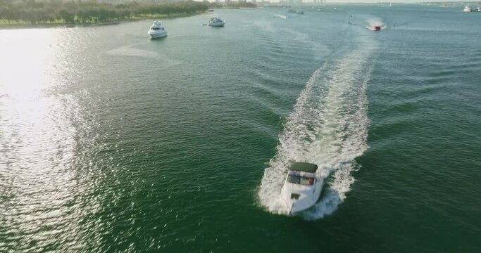 Aerial view of boat cruising below