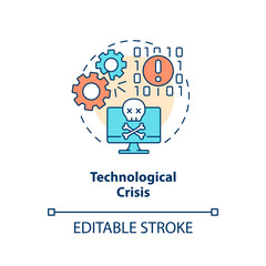 Technological crisis concept icon. Digital system failure. Type of crisis abstract idea thin line illustration. Isolated outline drawing. Editable stroke. Arial, Myriad Pro-Bold fonts used