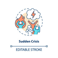 Sudden crisis concept icon. Unexpected trouble. No warning. Type of crisis abstract idea thin line illustration. Isolated outline drawing. Editable stroke. Arial, Myriad Pro-Bold fonts used