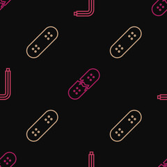 Set line Tool allen keys, Skateboard and Broken skateboard deck on seamless pattern. Vector