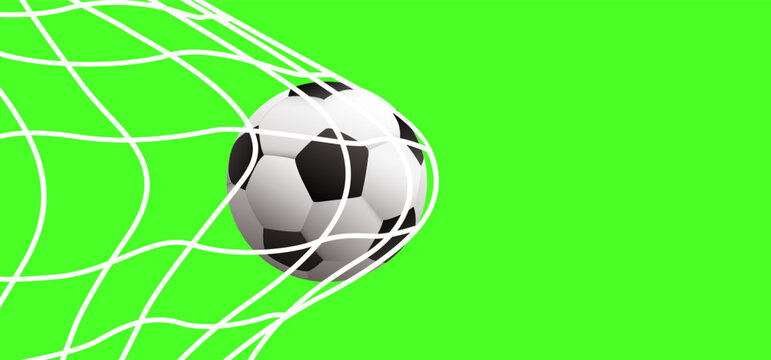 Green screen chromakey. Ball in goal. Soccer football grass field. Vector background banner. wk, ek play model. Sport finale or school, sports game cup. Movie, video formaat.