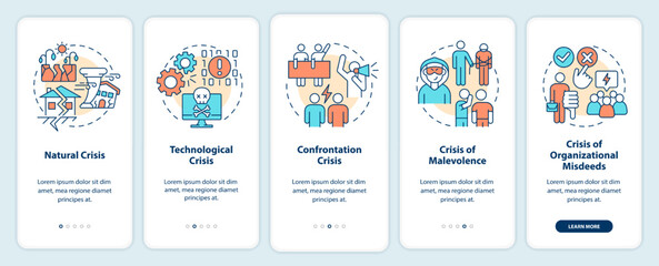 Types of crisis onboarding mobile app screen. Business risks walkthrough 5 steps editable graphic instructions with linear concepts. UI, UX, GUI template. Myriad Pro-Bold, Regular fonts used